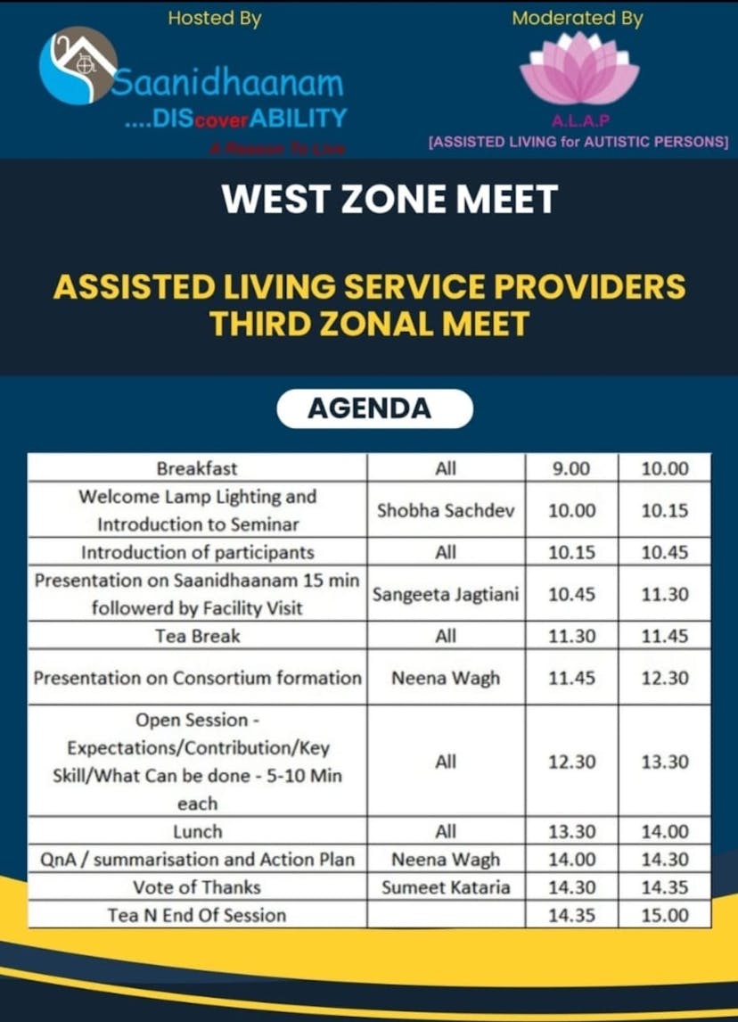 Assisted living Facilities- West
Zonal Meet - 27th April 2024, Hosted by Team Saanidhaanam, Moderatord by Neena Wagh from Alaaap